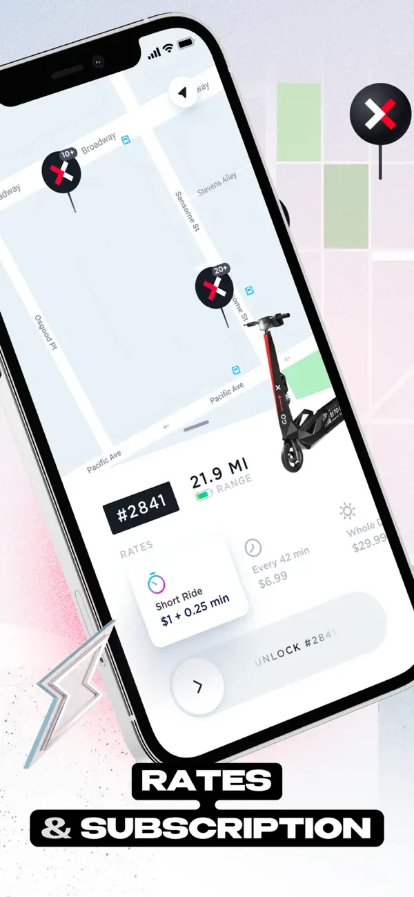 The Go X rider app showing a live scooter map, range and unlock rates