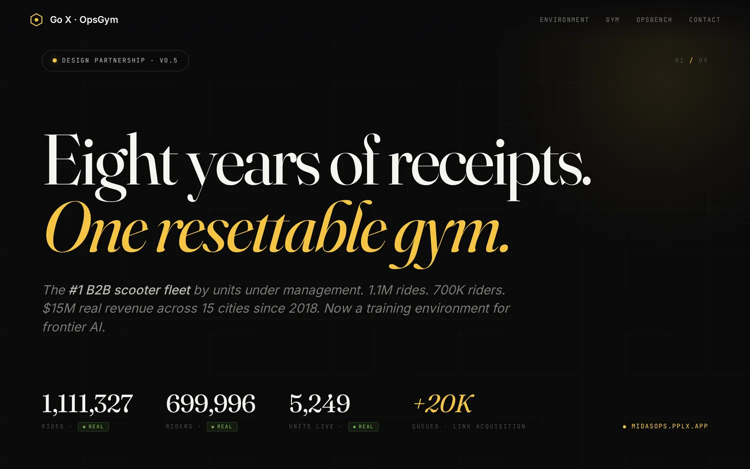 The Go X OpsGym environment site, showing 1,111,327 rides and 699,996 riders
